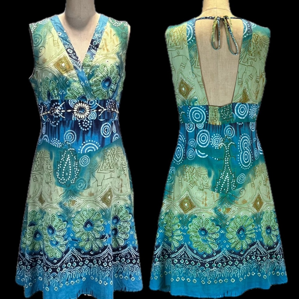 Artsy tribal sundress African elephant beaded hippie boho sun dress tie dye y2k